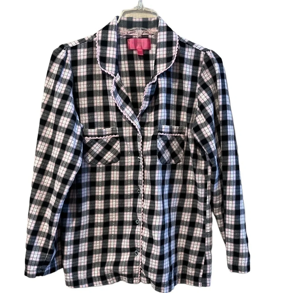 Victoria Secret Pajama Top black white pink plaid roll tabs sleeves Size S